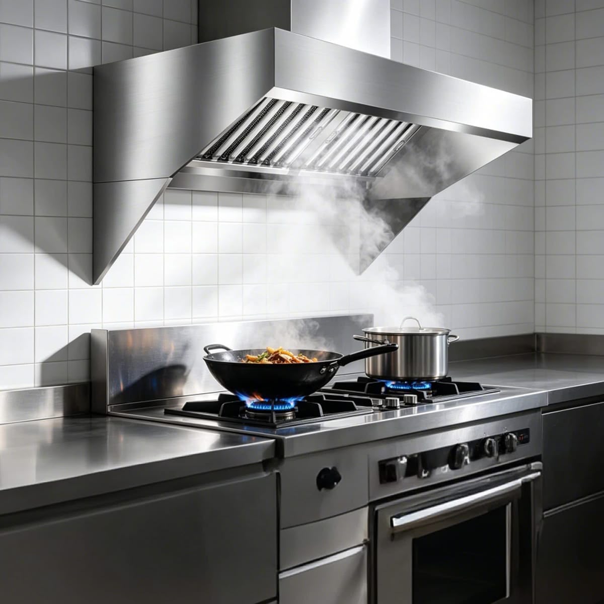 Campana y línea de cocción en una cocina industrial
